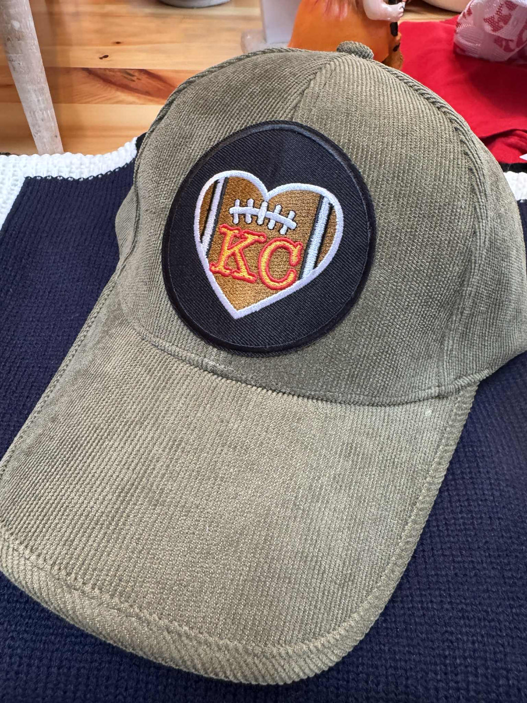Olive Corduroy Hat w/ KC Football Heart Patch