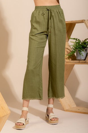 Olive Frayed Hem Linen Pants