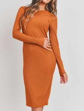 Rust Ribbed Long Sleeve Fitted Midi Dress