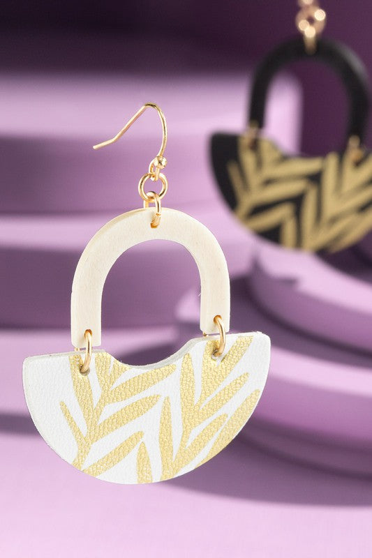 White Gold Printed Leaf Earrings