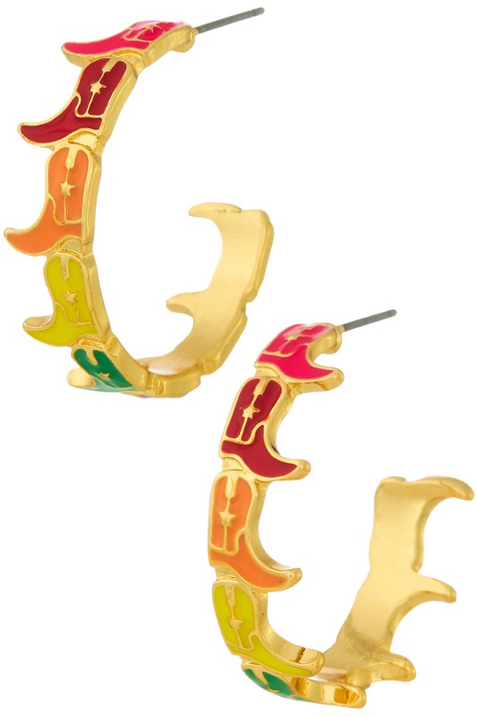 Gold Multi-Color Cowgirl Boot Hoop Earrings