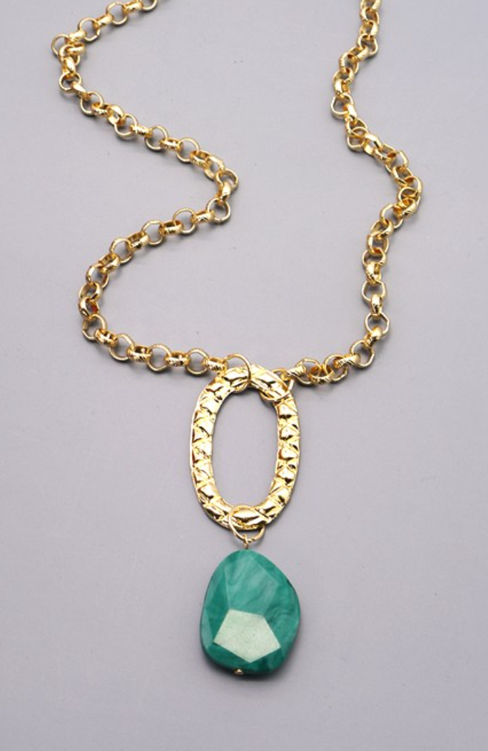 Jade Oval Ring Chunky Long Chain Necklace