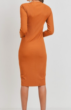 Load image into Gallery viewer, Rust Ribbed Long Sleeve Fitted Midi Dress
