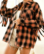 Load image into Gallery viewer, Rust &amp; Black Plaid Shacket w/ Fringe Sleeve
