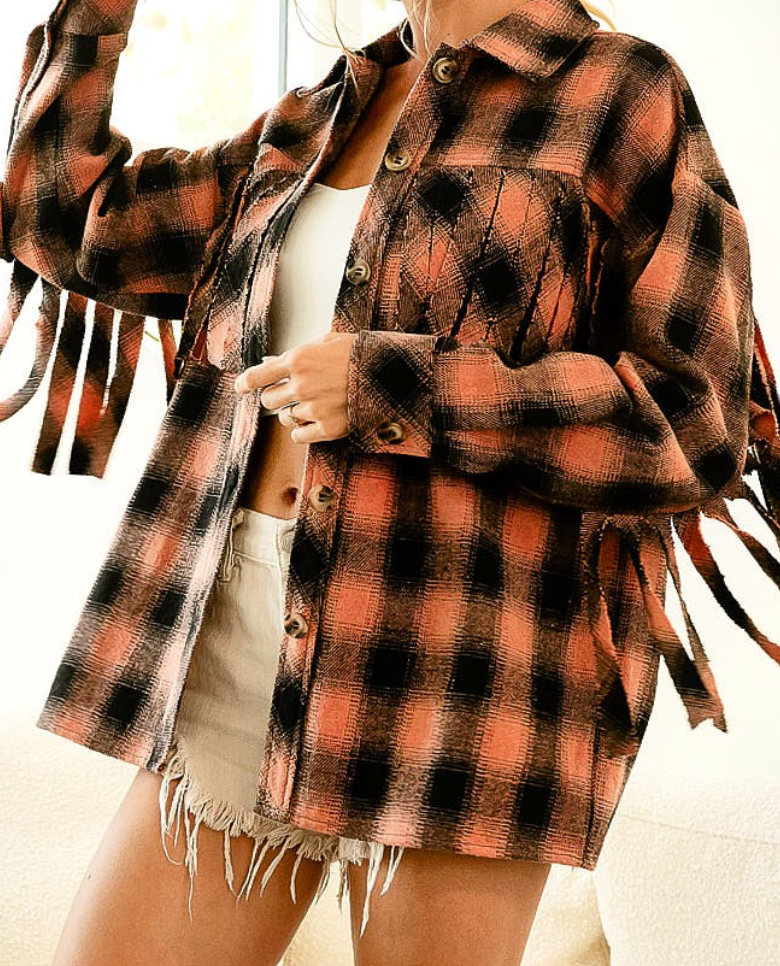 Rust & Black Plaid Shacket w/ Fringe Sleeve