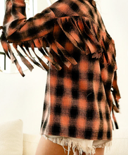 Load image into Gallery viewer, Rust &amp; Black Plaid Shacket w/ Fringe Sleeve
