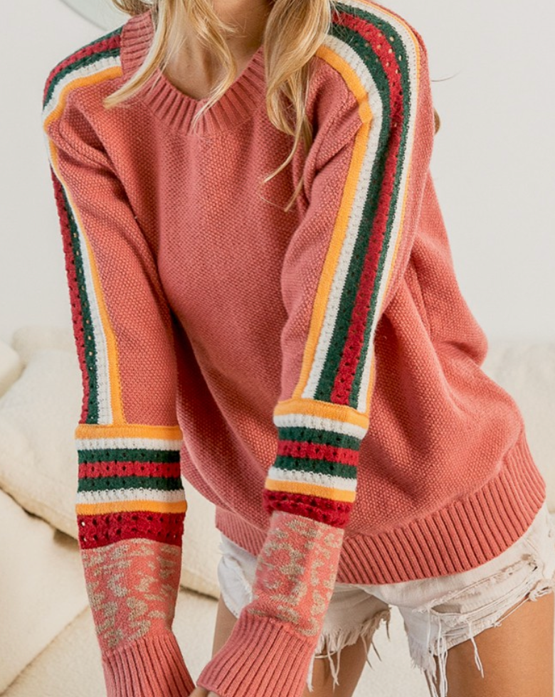 Vintage Brick Sweater w/ Stripes & Animal Print