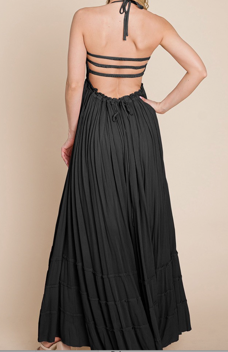 boho black and white dress Black or White Boho Pleated Backless Maxi Dress White / medium