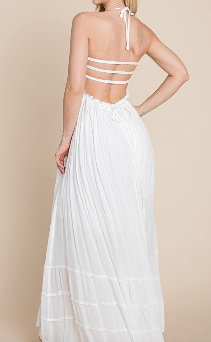 Black or White Boho Pleated Backless Maxi Dress White / medium Black or White Boho Pleated Backless Maxi Dress White / medium