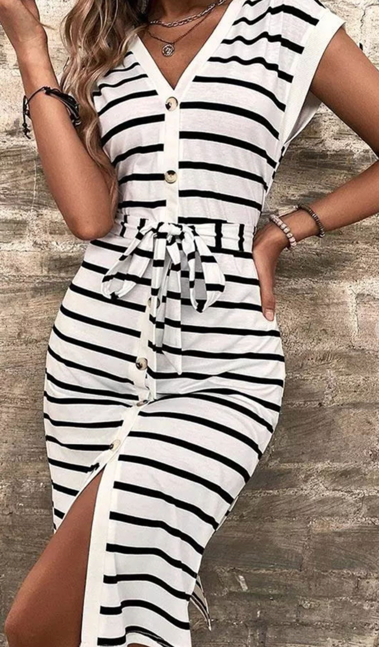 White & Black Stripe Midi Dress