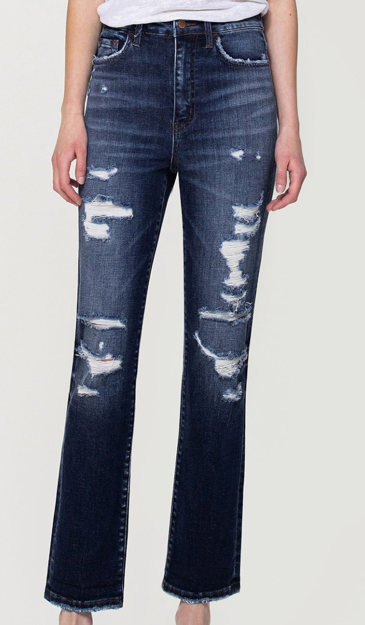Dark Distressed Straight Crop Jeans