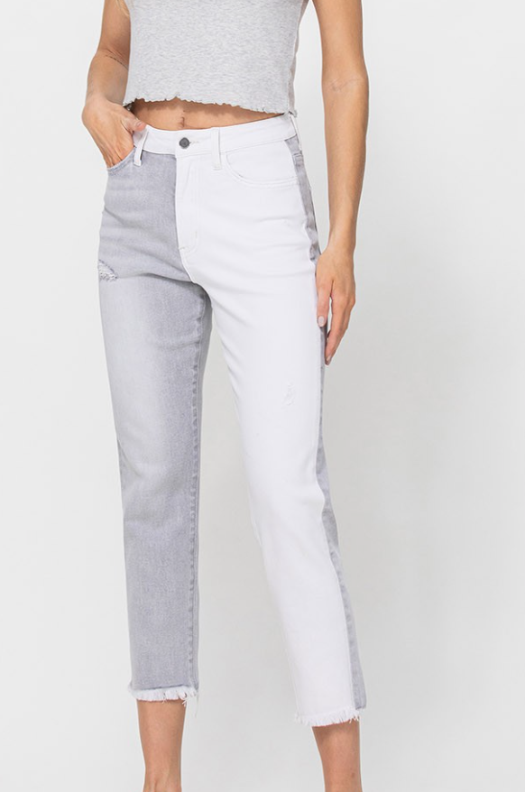 Gray & White High Rise Crop Jean
